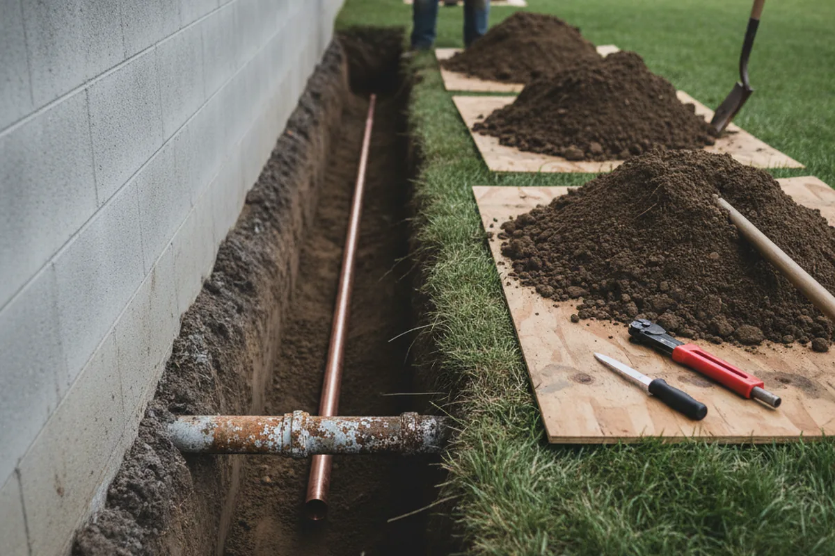Excavated water line trench during Sewer Line Repair in Brownsburg